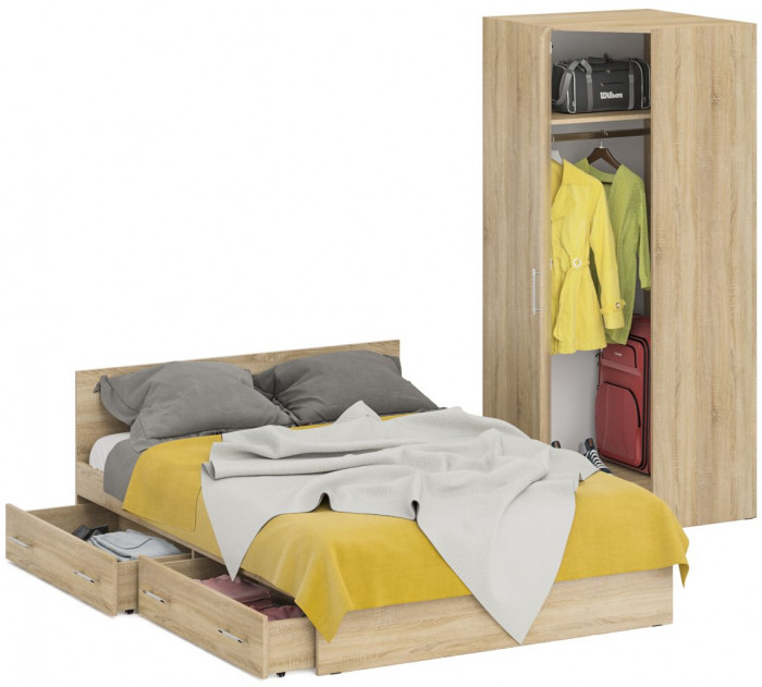 Кровать с ящиками 1400 + Шкаф угловой Стандарт, цвет дуб сонома, ШхГхВ 143,5х203,5х70 + 81,2х81,2х200 см., сп.м. 1400х2000 мм., б/м, основание есть