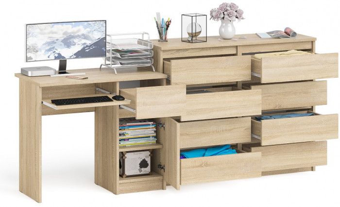 Мори Стол компьютерный МС-1 правый + Комод МК1200.8, цвет дуб сонома, ШхГхВ 210,4х50х94 см., выдвижной ящик справа, НЕ универсальная сборка