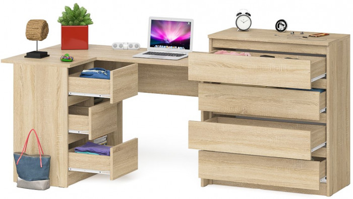 Мори Стол компьютерный МС-16 левый + Комод МК800.4, цвет дуб сонома, ШхГхВ 204,8х84,9х94 см., выдвижные ящики слева, НЕ универсальная сборка