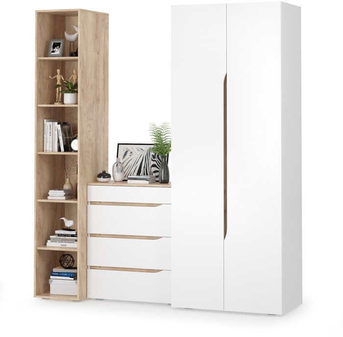Муссон 13.198 Шкаф двухстворчатый + 13.349 Стеллаж + 13.97 Комод, цвет белый/дуб эндгрейн элегантный, ШхГхВ 204,6х52,3х229,8 см., НЕ универс. сборка