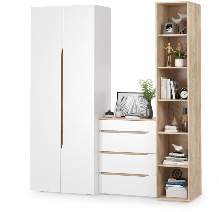 Муссон 13.198 Шкаф двухстворчатый + 13.349 Стеллаж + 13.97 Комод, цвет белый/дуб эндгрейн элегантный, ШхГхВ 204,6х52,3х229,8 см., НЕ универс. сборка