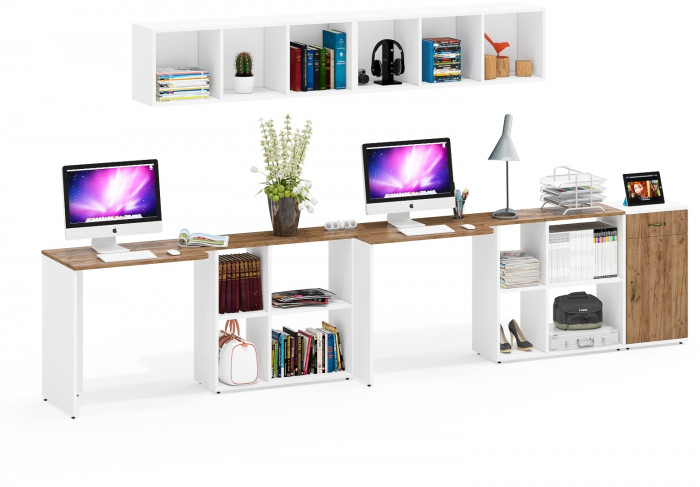 Лидер-8 Стол + Полка + Стол + Полка + Тумба МД 3.15, белый шагрень/крафт золото