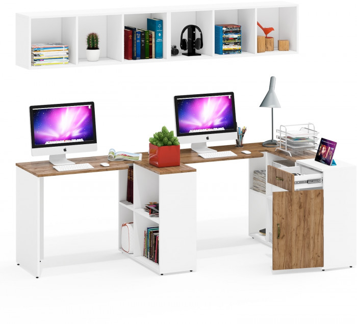 Лидер-8 Стол + Полка + Стол + Полка + Тумба МД 3.15, белый шагрень/крафт золото