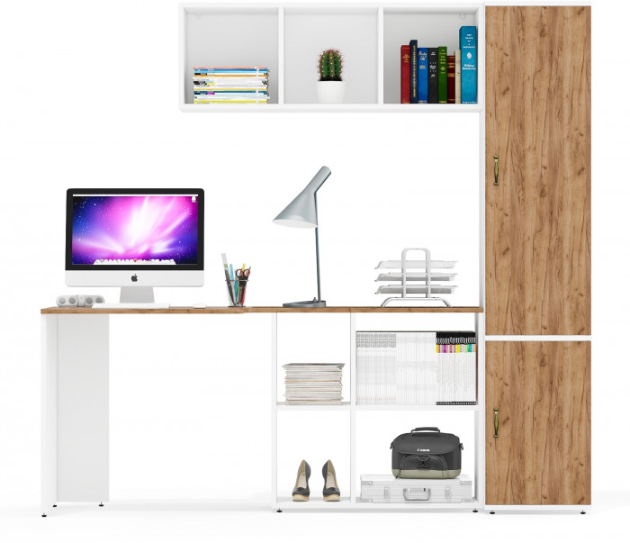 Лидер-8 Стол + Полка + Пенал МД 22Б, цвет белый шагрень/крафт золото, ШхГхВ 205х50/37,5х75/190 или 115х50/120х75/190 см., НЕ универсальная сборка