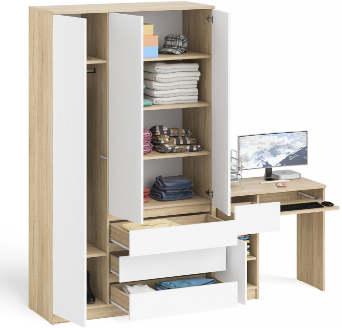 Мори Стол компьютерный МС-1 левый + Шкаф МШ1200.1, цвет дуб сонома/белый, ШхГхВ 210,4х50,4х209,6 см., выдвижной ящик слева, НЕ универсальная сборка