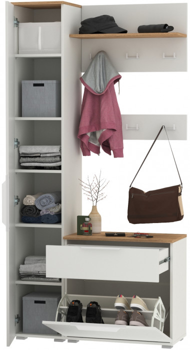 Октава Прихожая 16, цвет белый шагрень/дуб крафт золотой/фасады МДФ белый шагрень, ШхГхВ 97,1х35,4х197,6 см., универсальная сборка