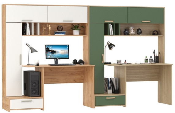 Два Стола письменных Лайт 03.243Н, цвет дуб крафт золотой/белый премиум/плэйн/дымчатый зелёный, ШхГхВ 300,4х57,3х179,9 см., НЕ универсальная сборка