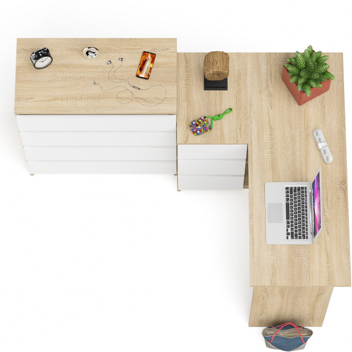Мори Стол компьютерный МС-16 левый + Комод МК800.4, цвет дуб сонома/белый, ШхГхВ 204,8х84,9х94 см., выдвижные ящики слев, НЕ универсальная сборкаа