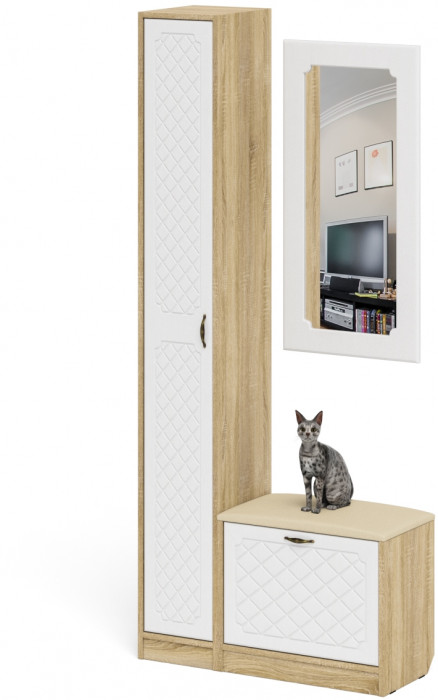 Прихожая П-6 Компоновка № 20, дуб сонома/фасады МДФ белое дерево фрезеровка ромб