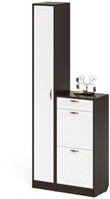 Прихожая П-6 Компоновка № 22, цвет венге/фасады МДФ белое дерево фрезеровка ромб, ШхГхВ 80х35х210 см., универсальная сборка