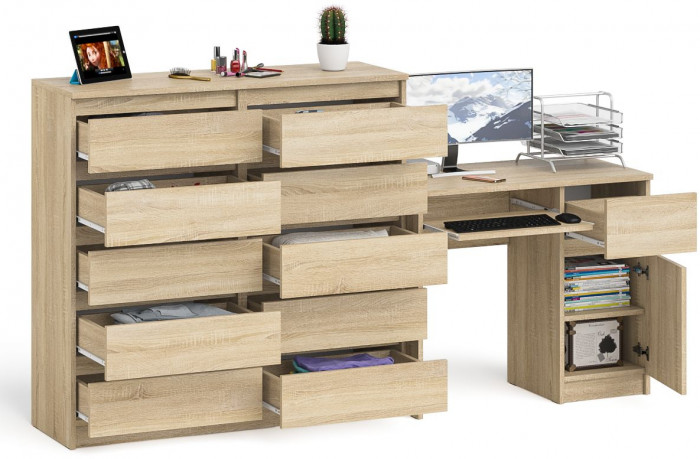 Мори компьютерный стол МС-1 правый + Комод МК1200.10, дуб сонома