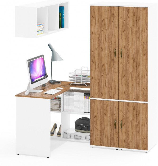 Лидер-8 Стол + Полка + Пенал МД 23Б + Пенал МД 23Б, цвет белый шагрень/крафт золото, ШхГхВ 245х50х75/190 или 115х160/50х75/190 см., НЕ ун. сборка