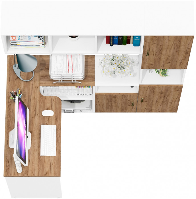 Лидер-8 Стол + Полка + Тумба МД 3.19 + Пенал, цвет белый шагрень/крафт золото, ШхГхВ 245х50/30х75/190 или 160х115/30х75/190 см., НЕ универс. сб.