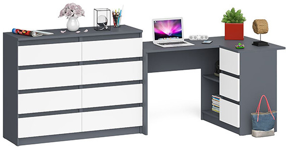 Мори Стол компьютерный МС-16 правый + Комод МК1200.8, цвет графит/белый, ШхГхВ 244,8х84,9х94 см., выдвижные ящики справа, НЕ универсальная сборка