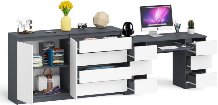 Мори Стол компьютерный МС-2 + Комод МК1600.1, цвет графит/белый, ШхГхВ 295,8х50х94 см., универсальная сборка