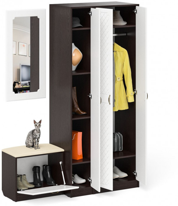 Прихожая П-6 Компоновка № 46, венге/фасады МДФ белое дерево фрезеровка ромб