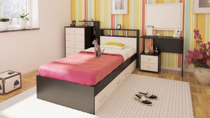 Камелия спальня № 14 Кровать с ящиками 900 + Стол косметический + Зеркало + Комод, венге/дуб лоредо