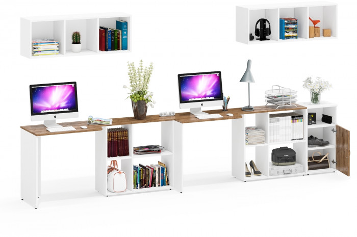 Лидер-8 Стол + Полка + Стол + Полка + Тумба МД 3.19, белый шагрень/крафт золото