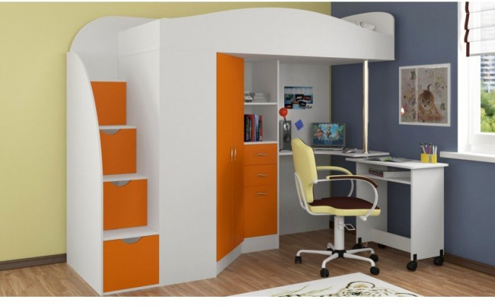 Детская кровать-чердак Теремок-1 Гранд, Белый / Оранжевый