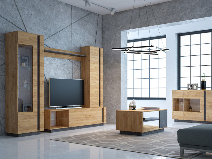 КР100 ??? Арчи Шкаф-витрина 03.263, цвет дуб крафт золотой/камень тёмный, ШхГхВ 60х41,3х193,7 см., подсветка за стеклом по торцу полки, НЕ уни. сб.