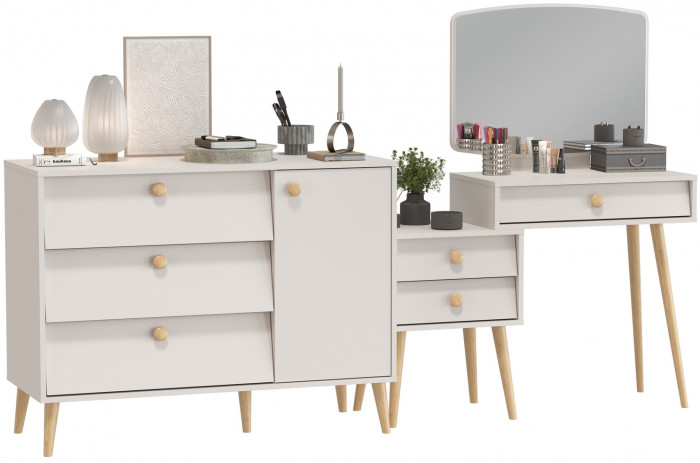 Афина Спальня Трюмо + Комод с дверкой и тремя ящиками, цвет кашемир серый, ШхГхВ 105х38,6х129 + 110х45,3х83 см., универсальная сборка