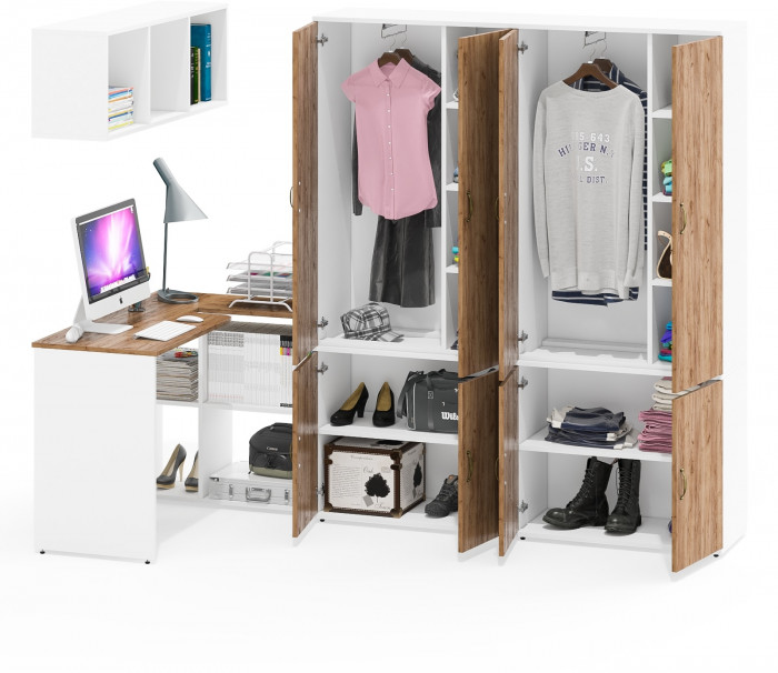 Лидер-8 Стол + Полка + Шкаф МД 20Б + Шкаф МД 20Б, цвет белый шагрень/крафт золото, ШхГхВ 325х50/37,5х75/190 или 115х240/50х75/190 см., НЕ ун. сборка