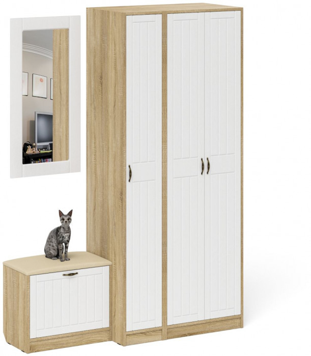 Прихожая П-6 Компоновка № 46, дуб сонома/фасады МДФ белое дерево фрезеровка прованс