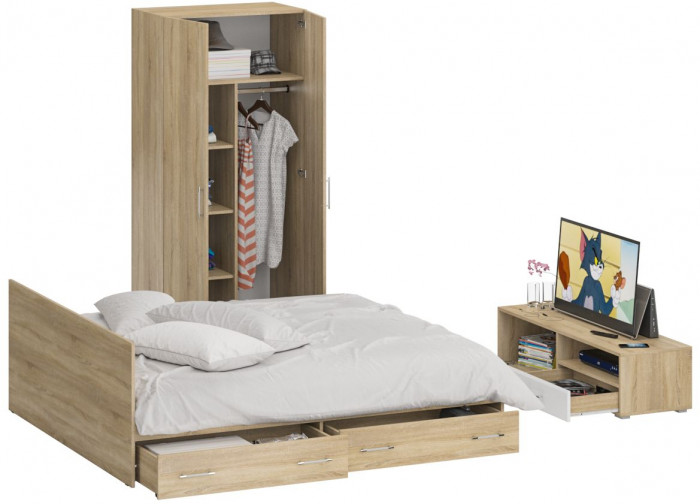 Спальня Стандарт 3-1800Я, дуб сонома/фасады ТВ тумбы МДФ белый глянец