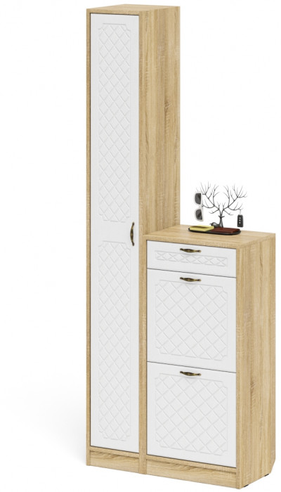 Прихожая П-6 Компоновка № 22, цвет дуб сонома/фасады МДФ белое дерево фрезеровка ромб, ШхГхВ 80х35х210 см., универсальная сборка