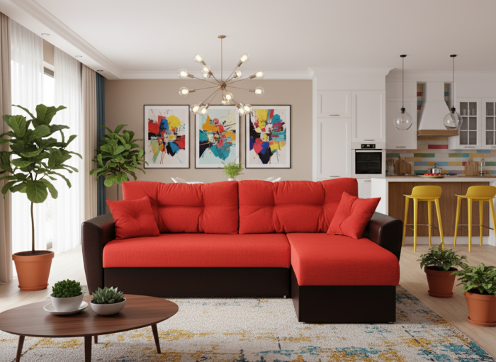 Диван-еврокнижка угловой Амстердам, 150х200, рогожка/экокожа красный