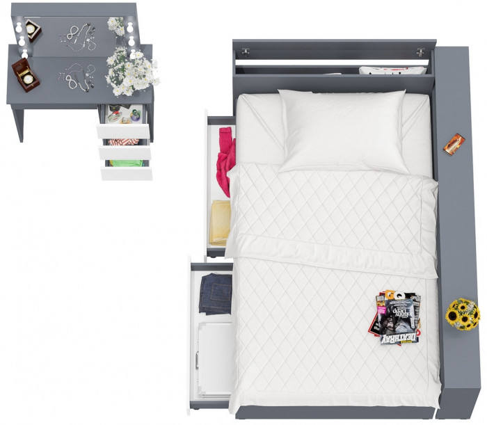 Ксения Кровать с ящиками 1200 + прикроватный блок + Столик с подсветкой Сура, графит/белый