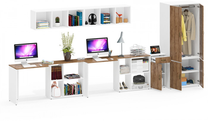 Лидер-8 Стол + Полка + Стол + Полка + Шкаф МД 19Б + Тумба МД 3.15, белый шагрень/крафт золото