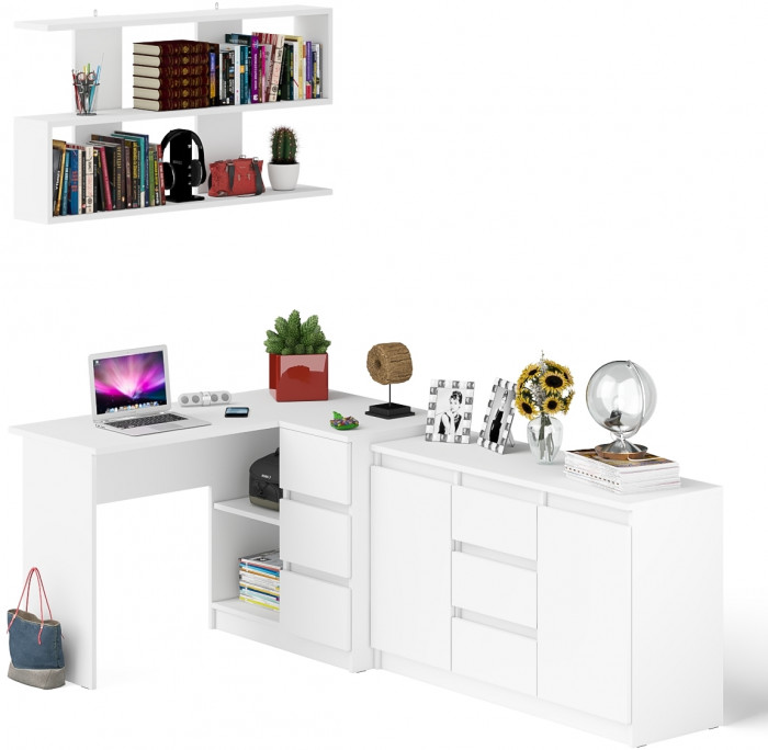 Мори компьютерный стол МС-16 правый + Комод МК1200.3 + Полка 1200, белый