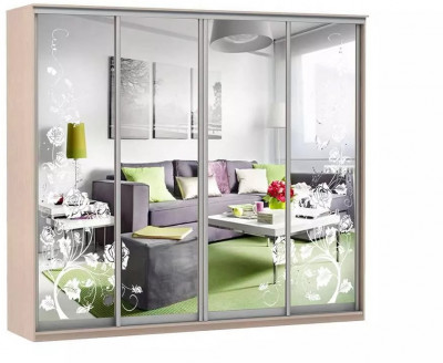 Шкаф купе Модерн 2362х600 4-х дверный 3-х секционный зеркальный с пескоструем №3 ясень