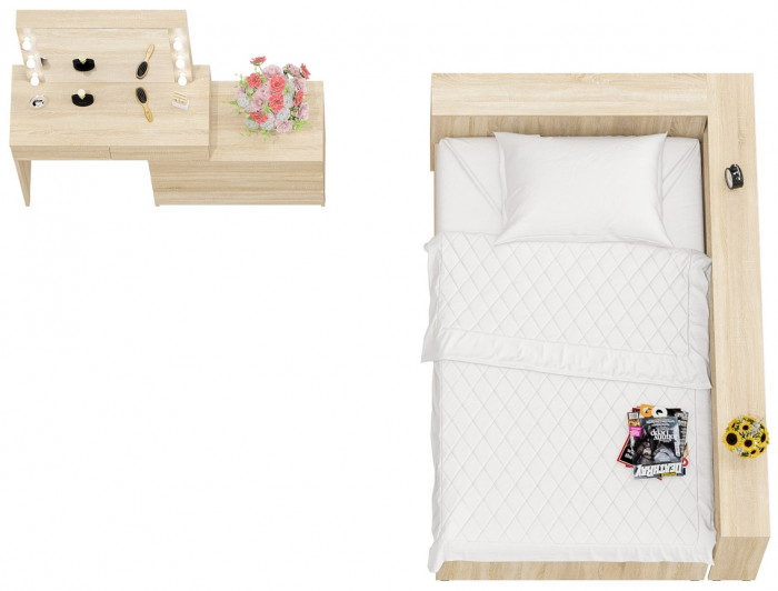 Ксения Кровать с ящиками 1200 + прикроватный блок + Столик с подсветкой 110, дуб сонома