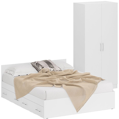 Кровать с ящиками 1600 + Шкаф 2-х створчатый Стандарт, цвет белый, ШхГхВ 163,5х203,5х70 + 90х52х200 см., сп.м. 1600х2000 мм., б/м, основание есть