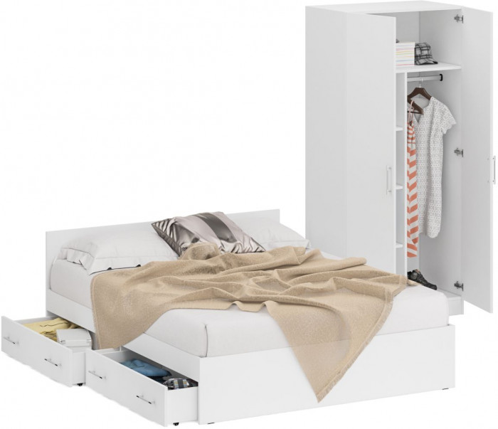 Кровать с ящиками 1600 + Шкаф 2-х створчатый Стандарт, цвет белый, ШхГхВ 163,5х203,5х70 + 90х52х200 см., сп.м. 1600х2000 мм., б/м, основание есть
