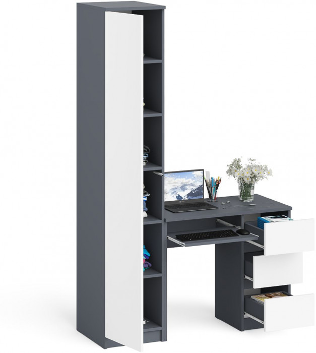 Мори Стол компьютерный МС-6 правый + Пенал МШ400.1, цвет графит/белый, ШхГхВ 130,4х50,4х209,6 см., выдвижные ящики справа, НЕ универсальная сборка