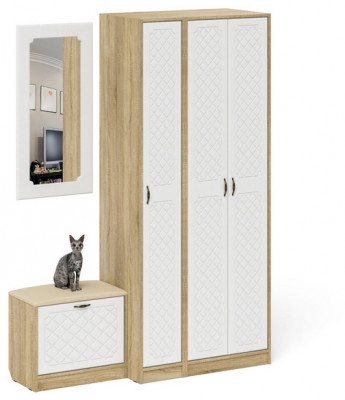 Прихожая П-6 Компоновка № 46, дуб сонома/фасады МДФ белое дерево фрезеровка ромб