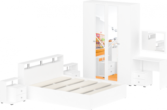 Камелия спальня № 2 Кровать 1600 + Две тумбы + Стол косметич. + Зеркало + Шкаф 4-х, белый