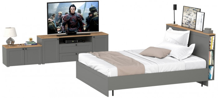 Остин 11.53 Кровать + ортопед + 16.47 Тумба под ТВ + 13.257 Тумба, серый графит/дуб крафт золотой