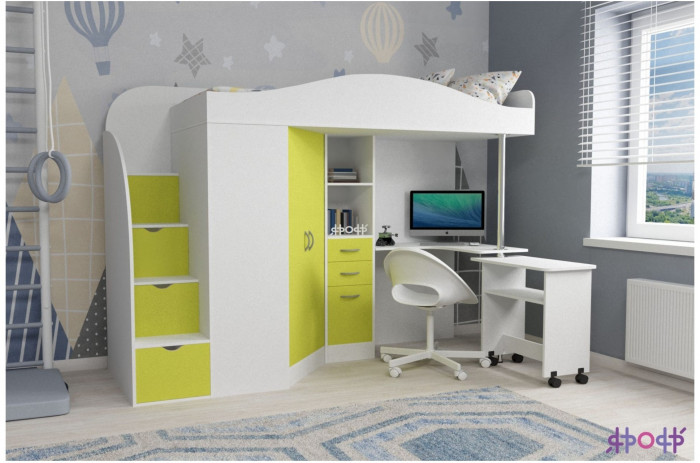 Кровать-чердак Юниор 4 (Белое дерево/Ясень Анкор темный)