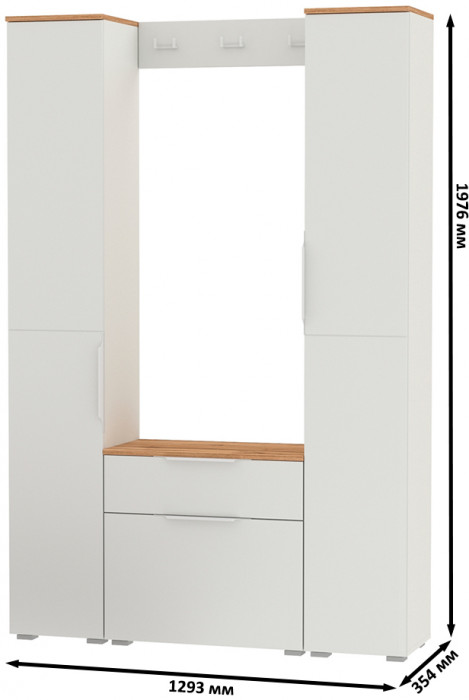 Октава Прихожая 19, цвет белый шагрень/дуб крафт золотой/фасады МДФ белый шагрень, ШхГхВ 129,3х35,4х197,6 см., универсальная сборка