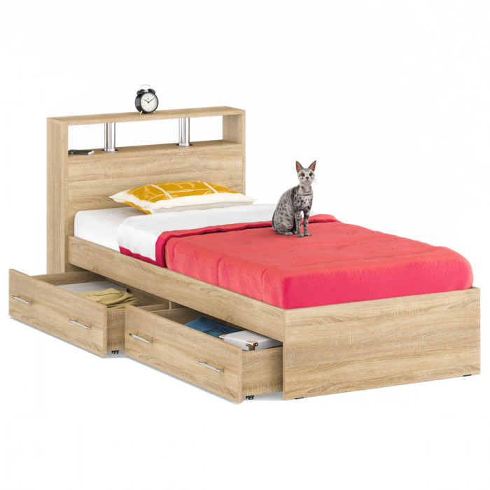 Камелия Кровать с ящиками 0900, цвет дуб сонома, ШхГхВ 93,5х217х78,2 см., сп.м. 900х2000 мм., без матраса, основание есть