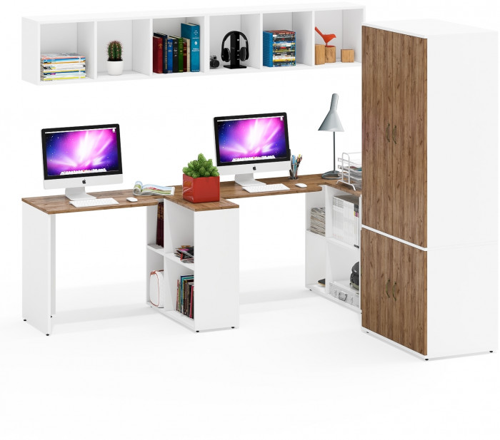 Лидер-8 Стол + Полка + Стол + Полка + Шкаф МД 19Б + Тумба МД 3.19, белый шагрень/крафт золото