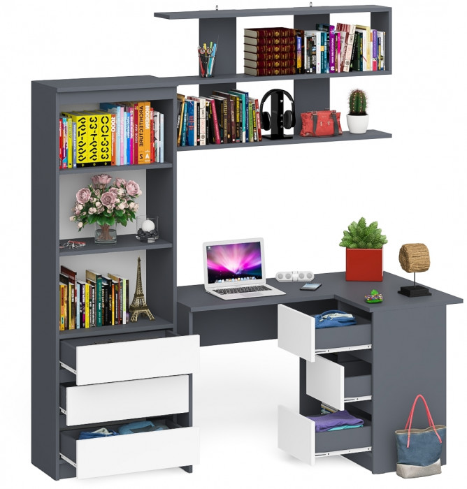 Мори компьютерный стол МС-16 правый + Стеллаж МСТ600.3 + Полка 1200, графит/белый