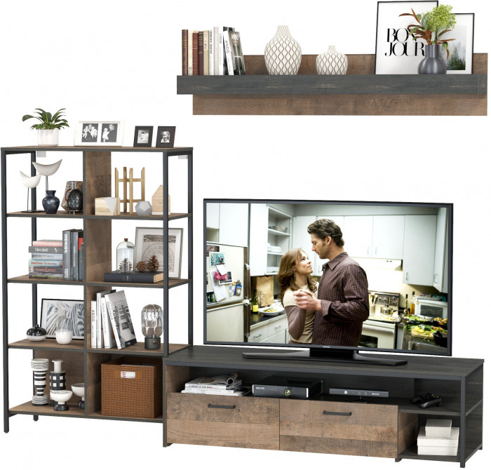 Трувор 13.70 Тумба под ТВ + 13.151.02 Стеллаж + 15.60 Полка, цвет дуб гранж песочный/интра, ШхГхВ 239,8х45,4х146 см., универсальная сборка