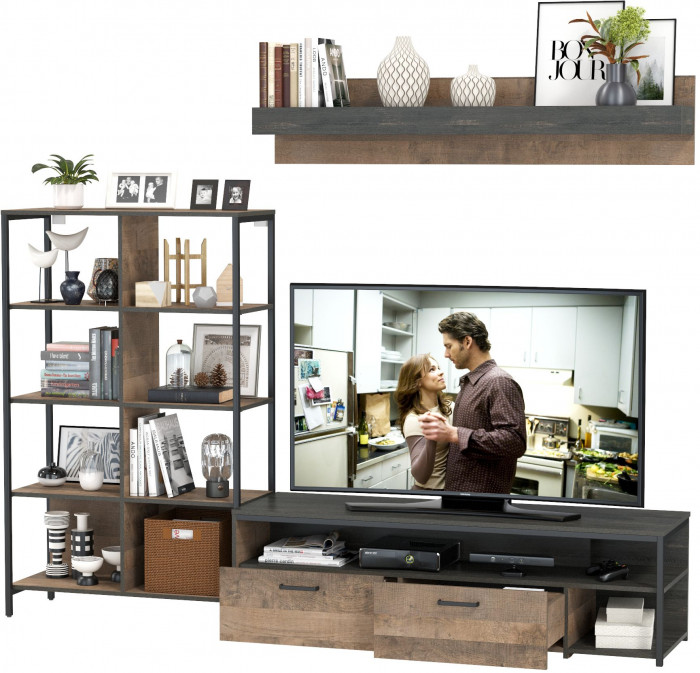 Трувор 13.70 Тумба под ТВ + 13.151.02 Стеллаж + 15.60 Полка, цвет дуб гранж песочный/интра, ШхГхВ 239,8х45,4х146 см., универсальная сборка