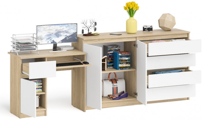 Мори Стол компьютерный МС-1 левый + Комод МК1600.1, цвет дуб сонома/белый, ШхГхВ 250,4х50х94 см., выдвижной ящик слева, НЕ универсальная сборка