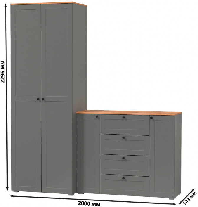 Остин Прихожая 04, цвет серый графит/дуб крафт золотой, ШхГхВ 200х54,3х229,6 см., универсальная сборка